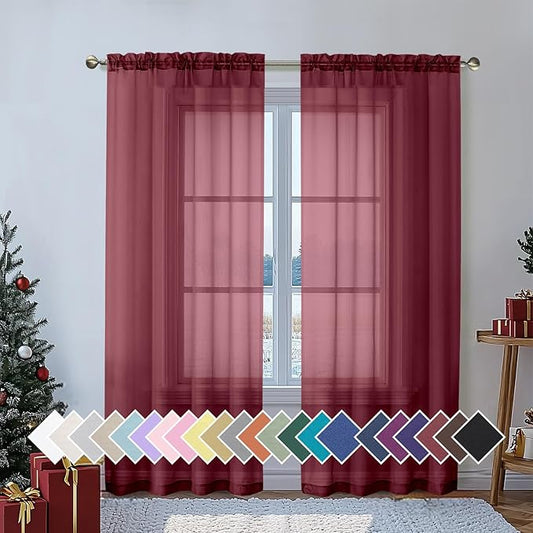 Aiyufeng Sheer Voile Window Treatment Rod Pocket Curtain Panels for Kitchen Bedroom Living Room Drapes Sunlight Filtering Privacy Semi Home Decor Assorted Colors Sizes (Burgundy, 40 W x 72 L)