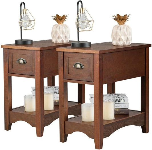Giantex End Table with Drawer Set of 2, Retro Narrow Side Table, Nightstand with Solid Wood & Storage Shelf, Bedside Table for Living Room Bedroom Small Space Home Office (2, Walnut)