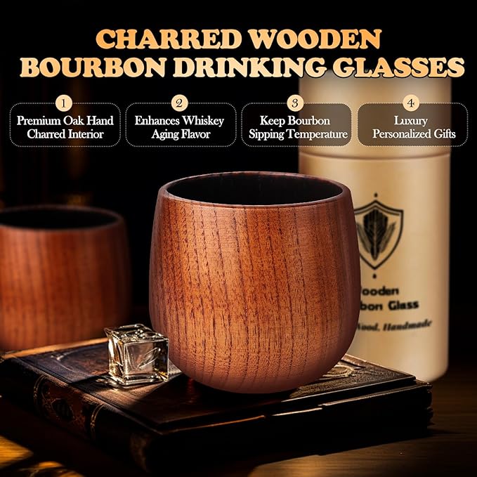 Charred Hardwood Bourbon Glasses Set of 2 - Handcrafted Wooden Whiskey Tumblers with Natural Insulation, Campfire-Ready Design & Collector-Grade Wood Grain - Perfect Home Bar Gifts for Men