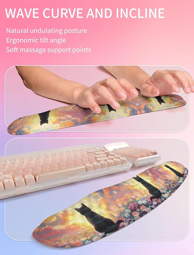 Hokafenle 2in1 Combination, Wave Keyboard Wrist Rest and Ergonomic Curvature Mouse Pad Wrist Support for Relieve Wrist Pain, Filled with Soft Cushion Memory Foam, Wishing Cat