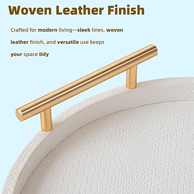 2 Piece White Round Serving Tray with Handles, Woven-Texture Faux Leather Ottoman Tray for Living Room, Decorative Tray for Coffee Table Home Decor