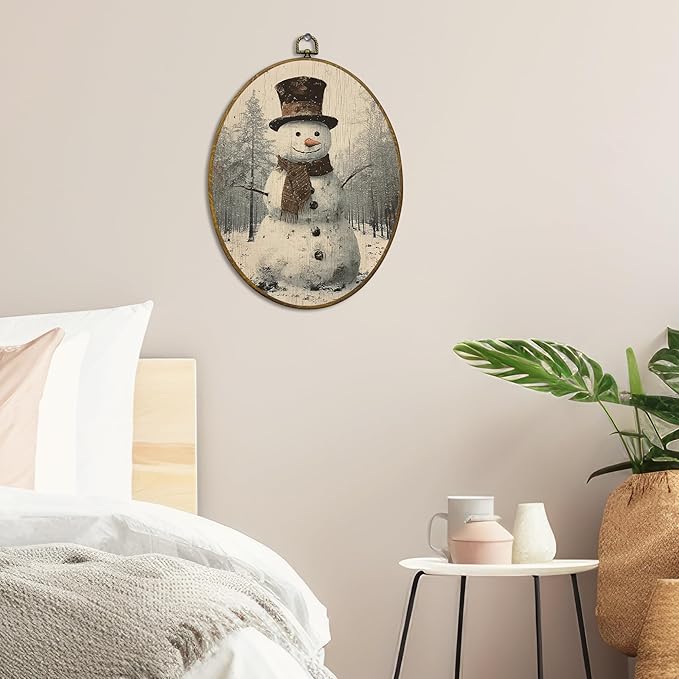 QZQE Vintage Christmas Snowman Oval Wall Art Decor Framed, Winter Christmas Oval Canvas Prints, Rustic Farmhouse Winter Xmas Snowman Wall Hanging Decor for Home Bedroom Living Room, 8.6x11.4 Inch