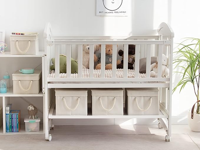 StorageWorks Storage Bins with Lids, Decorative Storage Boxes with Lid and Soft Rope Handles, Foldable Storage Baskets for Closet, Shelves, Stackable, 3-Pack, Ivory and White, Large