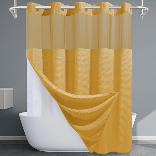 Gold Hotel Shower Curtain - 230GSM Waffle Textured Heavy Duty Thick Fabric Shower Curtains for Bathroom,71W x 74H