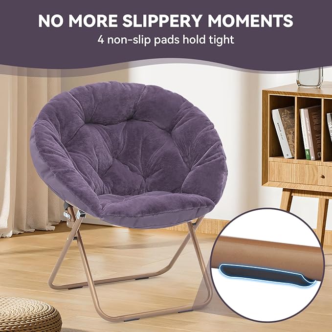 Magshion Saucer Chair for Adults, Comfy Living Room Lounge Chair for Bedroom Corner, Dorm, Apartment, Faux Fur Fluffy Circle Accent Seat with Thick Padded & Folding Metal Frame (Purple, Set of 2)