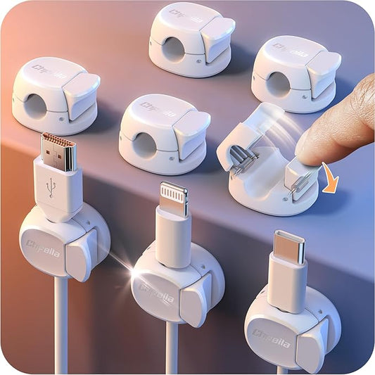 8Pack Cord Organizer [Dual Spring & Clasp] [Max Stability] Cable Clips, Chfeila Cord Holder, Desk Cable Management, Adhesive Wire Organizer for Home Office Desktop Nightstand Car Table Wall - White