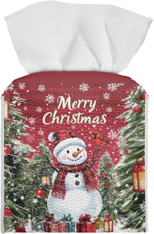 Christmas Tissue Box Cover Square PU Leather Tissue Box Holder Facial Paper Boxes Case for Tabletop Night Stands Bathroom Office Modern Decorative Cute Snowman Cube Napkin Case