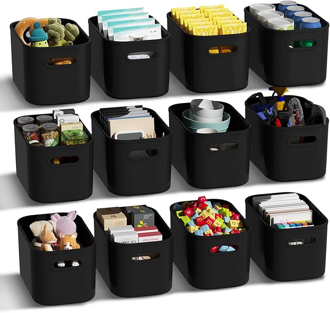 12 Pack Black Plastic Storage Bins, Storage Container for Organizing, Storage Boxes with Handle for Shelves, Cute Organizer Bins for Craft, Snacks, Pantry, Cabinet, 9.69x6.7x5.7 inch