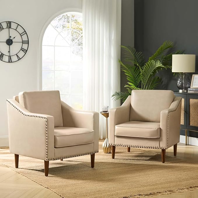 HULALA HOME Faux Leather Accent Armchairs Set of 2 with Back & Seat Cushions, Traditional Club Chairs with Nailhead Trim, Comfy Upholstered Sofa Chairs for Living Room Bedroom, Beige