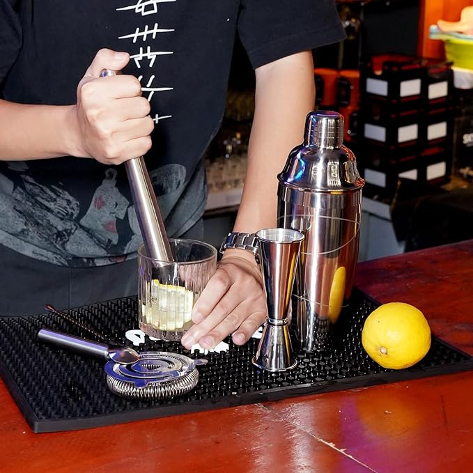 Lexenic Professional Starter Bartender Kit Cocktail Shaker Set,6 Piece - Home Bar Tool Set - Drink Mixer Kit with Accessory Tools: Bar Mat,Martini Shaker, Jigger, Strainer, Bar Spoon, Muddler (Kit E)