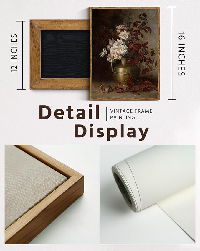 VIYYIEA Floral Framed Wall Art, Rose Bouquet Flower Vintage Art Decor Room Aesthetic, 12x16 Inch Canvas Print Artwork, Farmhouse Still Life Painting Wall Decor for Bedroom Bathroom Office