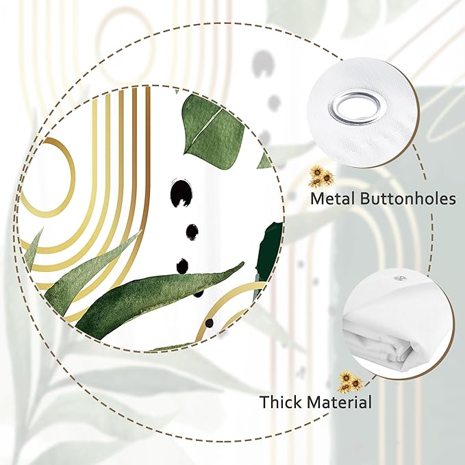 Glawry Green Gold Boho Mid Century Shower Curtain Small Stall RV Narrow Abstract Minimalist Modern Geometric Leaf Bathroom Simple 48Wx72L Inches Bath Accessories Art Home Decor Fabric 8 Pack Hook