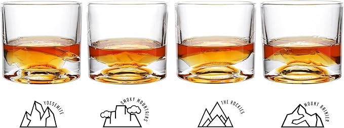 LIITON American Peaks Heavy Crystal Whiskey Glasses Gift Set of 4, Thick Freezable Bourbon Glass 1lb Each, Premium Whiskey Gifts for Men, Frozen Crystal Chills Cocktails, 10 oz
