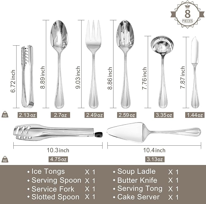 KINGSTONE 8 Piece Teardrop Serving Utensils Set, 18/10 Stainless Steel Serving Utensils, Slotted Spoons, Forks, Tongs, Cake Server, Butter Knife for Buffet, Catering, Wedding, Party
