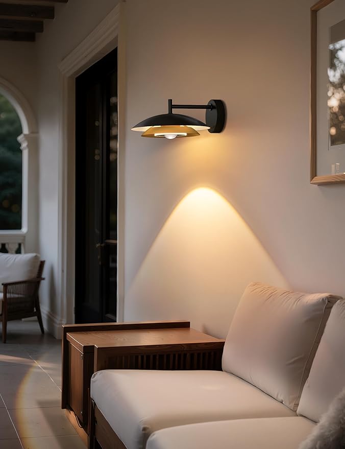 Tubicen Dual-Shade LED Wall Sconce Black and Gold Round Dimmable Sconces Wall Lighting Dual-Lighting 12W Modern Industrial LED Wall Lights for Living Room Bedroom Hardwired