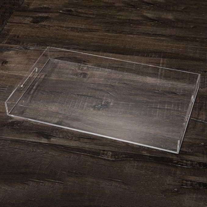 Sooyee Clear Acrylic Tray Decorative,16" x 12" Plastic Serving Trays for Coffee Table,Kitchen,Bathroom,Food,Vanity Countertop,Large Ottoman Tray with Handles