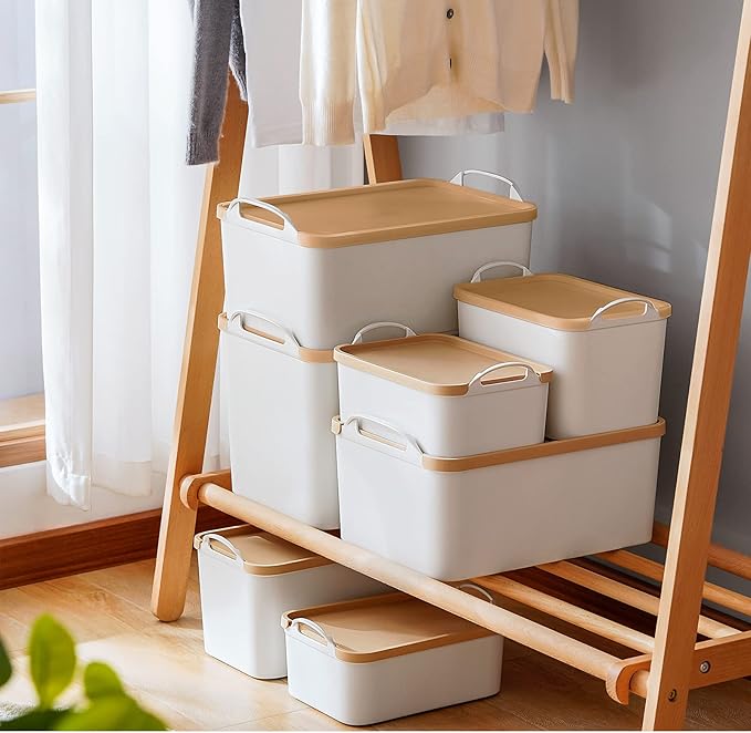 ANMINY 8PCS Plastic Storage Bins Containers with Lids, Large White Storage Organization Bins Boxes, Lidded Plastic Storage Baskets for Closet Shelves Drawers Desktop Home Office, Wheat Lids