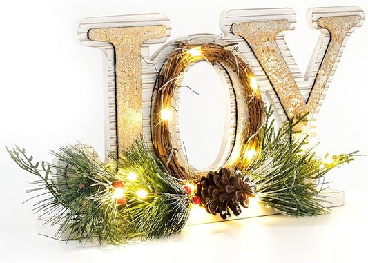 DN DECONATION Rustic Wooden Tabletop Christmas Joy Sign Decoration-White and Gold Xmas Joy Decorated with Needle Pine Branch, Pine Cone & Red Berries for Home Farmhouse Fireplace Mantel Decor