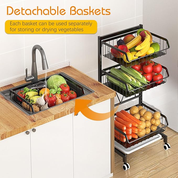 4-Tier Kitchen Snack Cart with Wheels – Versatile Rolling Storage Cart for Pantry, Utility Rooms – Adjustable Metal Wire Fruit & Vegetable Basket Rack (Black Without cart Handle, 4-Tier)
