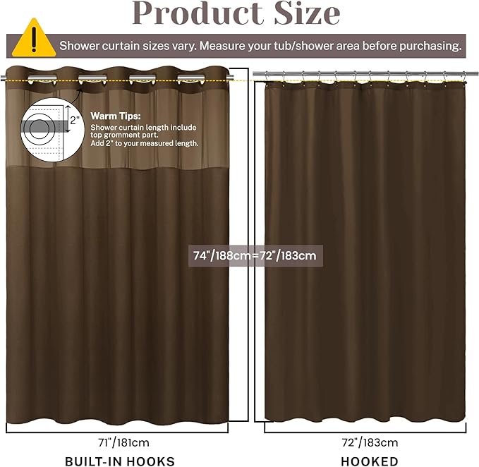 No Hook Slub Textured Shower Curtain with Snap in Liner - Chocolate Fabric Outer Curtain & Waterproof Inner Liner, Hotel Style with See Through Top Window, 71x74 in
