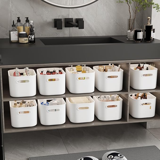 12 Pack White Plastic Storage Bins, Storage Container for Organizing, Storage Boxes with Handle for Shelves, Cute Organizer Bins for Craft, Snacks, Pantry, Cabinet, 9.69x6.7x5.7 inch