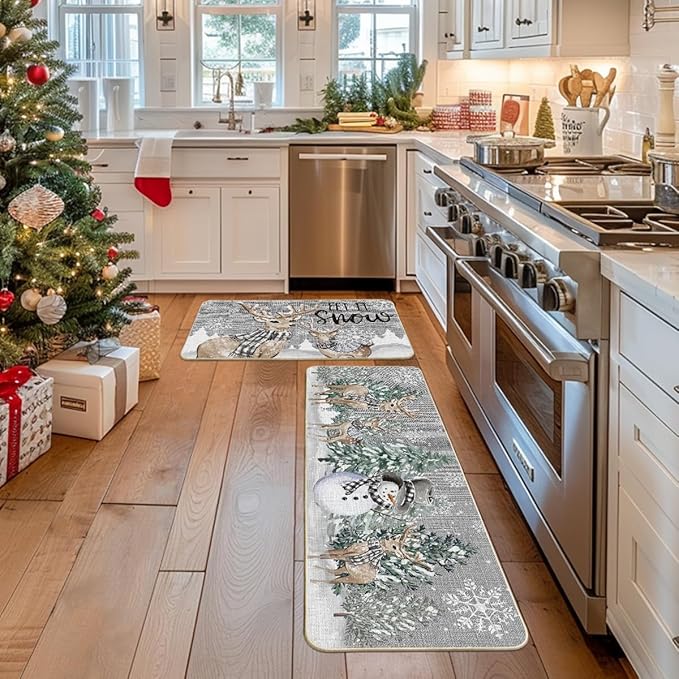 Artoid Mode Deer Tree Let It Sonw Snowflakes Christmas Kitchen Mats Set of 2, Winter Decor Low-Profile Kitchen Rugs for Floor - 17x29 and 17x47 Inch