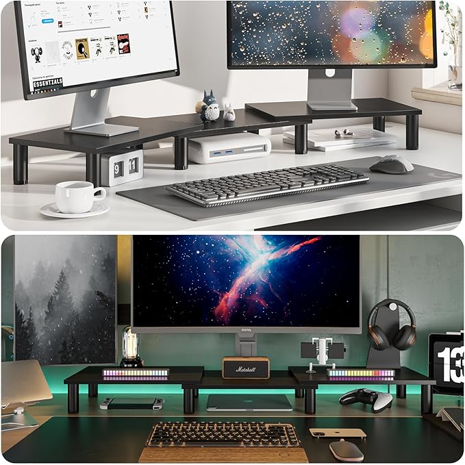 AX WABER Dual Monitor Stand Riser, Monitor Stand with Adjustable Height Steel leg, Wood Monitor Stand for Desk, Monitor Riser for 2 Monitors with Storage Space Black