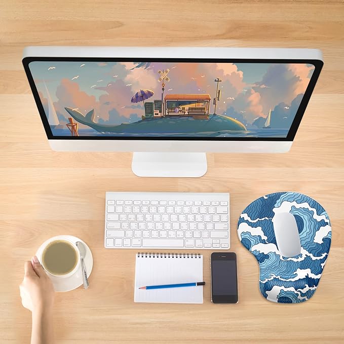 Hsurbtra Ergonomic Mouse Pad with Wrist Rest Support, Gel Mouse Pads with Non-Slip PU Base, Pain Relief Memory Foam Computer Mat, Cute Office Supplies Desk Decro Accessories, Blue Ocean