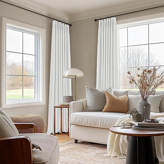 100% Blackout Shield Linen Look Textured Pinch Pleated Curtains Blackout Drapes 120 Inch Long 2 Panels Set, Faux Linen Blackout Curtains for Bedroom & Living Room, 40" W x 120" L, Bright White