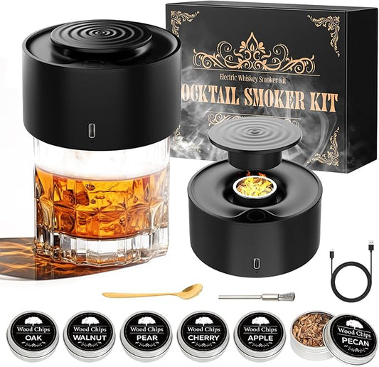 Electric Whiskey Smoker Kit – Old Fashioned Drink Smoker Kit with Heating Rod, Aluminum Alloy Body & 6 Wood Chips – USB Rechargeable, No Butane – Gift for Whiskey, Cocktail,Bourbon, Coffee& BBQ Lovers