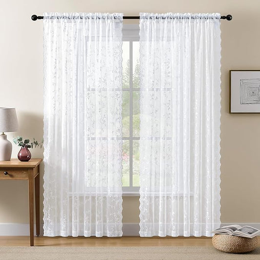Sheer Lace Curtains 96 Inches Long, Vintage Floral Light Filtering White Lace Curtains for Living Room & Bedroom, Rod Pocket, 2 Panels Set, Branch Pattern (White, 52" W x 96" L)