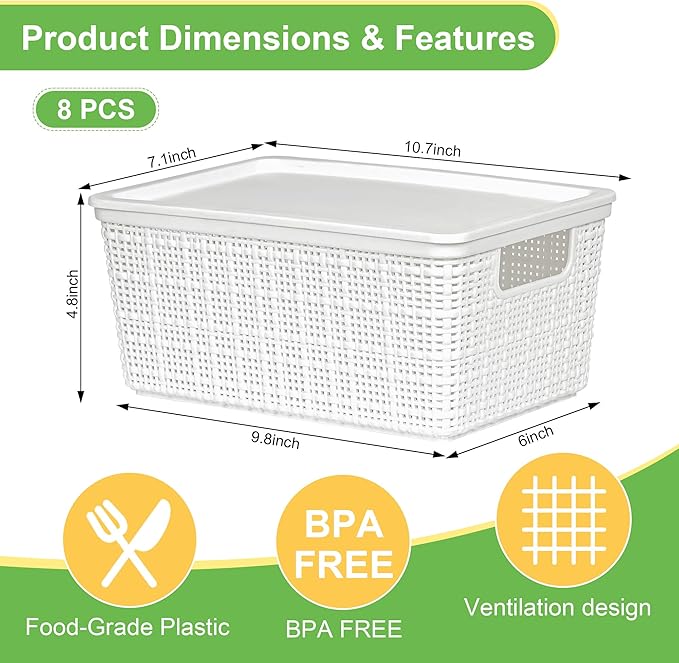6 Pack Plastic Storage Baskets With Lids,White Breathable Stackable Storage Bins,Small Storage Containers,for Organizing Storage Baskets on Desktops,Closets,Playrooms,Classrooms,Offices