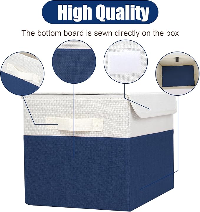 Large 22 Quart Linen Fabric Foldable Storage Bin Cube Organizer Basket with Flip-Top Lid & Handles, Clothes Blanket Box for Home, Office, Closet, Navy Blue & White, 4 Pack 14.6 x 9.5 x 9.5