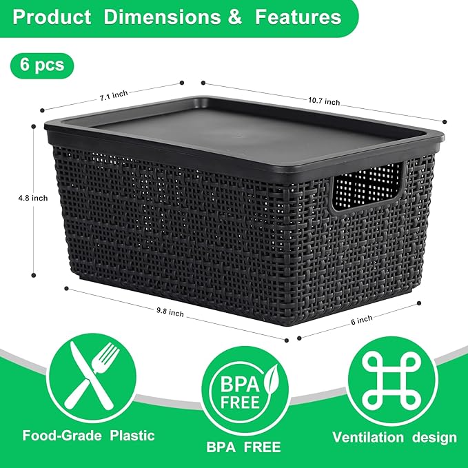 6 Pack Plastic Storage Baskets With Lids,Black Breathable Stackable Storage Bins,Small Storage Containers,for Organizing Storage Baskets on Desktops,Closets,Playrooms,Classrooms,Offices