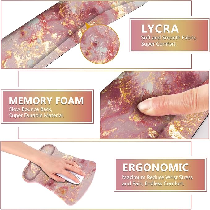 AIMSA Mouse Pad Wrist Support Set Keyboard Wrist Rest, Ergonomic Memory Foam Non-Slip Base Easy Typing Pain Relieve for Computer Laptop Home Office, Pink Gilt Marble
