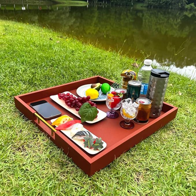 20x20 Inches Large Brown Faux Leather Wrapped Wood Ottoman Tray with Handles for All Occasions, Serving Food Breakfast On Bed, Home Decor Decorative, Living Room,Square Coffee Table Organizer