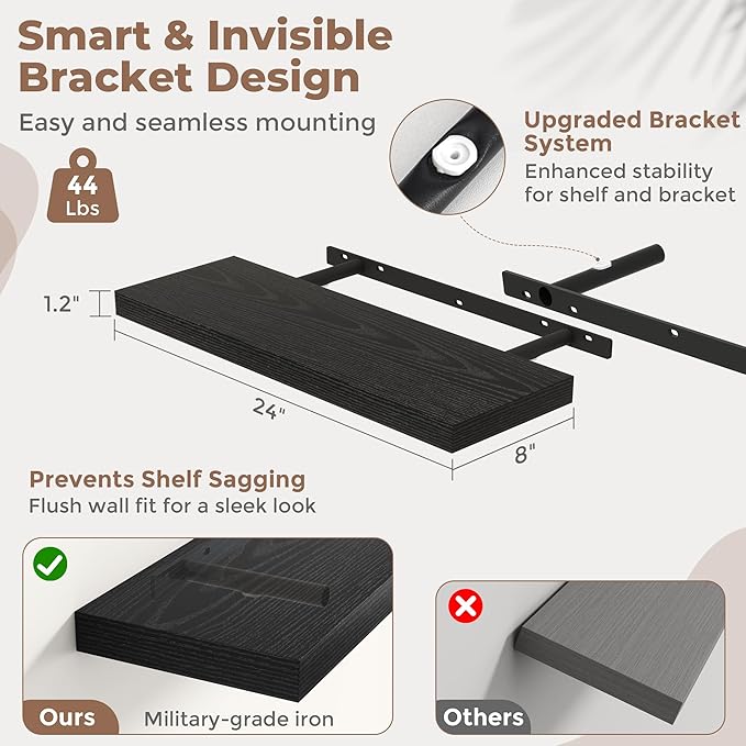 Floating Shelves for Wall with Invisible Brackets, Wall Mounted Engineered Wood Shelves with Wood Grain for Living Room, Bedroom, Bathroom, Kitchen Decor and Storage, Oak, 24"L Set of 2, Black