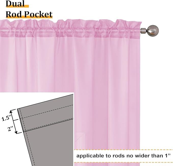 Aiyufeng Light Pink Sheer Curtains 63 Inch Length 2 Panels Set, Semi Transparent Voile Rod Pocket Sheer Window Drapes for Bedroom Bed Canopy Living Room Dining Wedding Party Backdrop, 40W x 63L inch