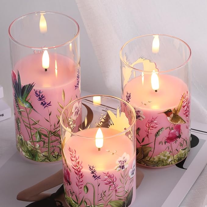 Pink Hummingbird Glass Flameless Candles with Remote, Flickering LED Pillar Candles Set of 3, Floral Candles Battery Operated Φ 3" H 4" 5" 6"