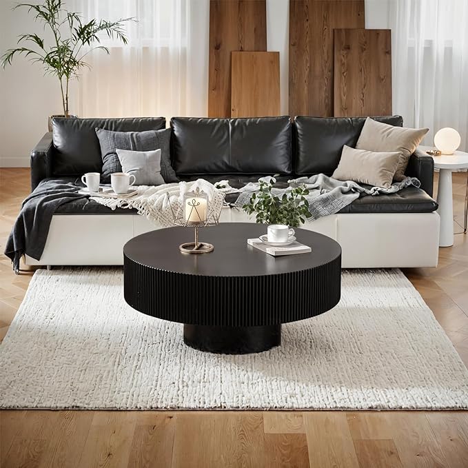 Round Fluted Coffee Table Mid Century Modern Coffee Tables with Handcrafted Relief Circle Drum End Table Rustic Industrial Center Tables for Apartment Living Room (Black Round Thick)