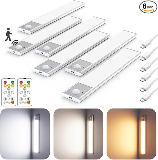 8" Ultra-Thin Under Cabinet Lighting Wireless, Aluminum Alloy Under Counter Lights for Kitchen, 3-Color-Temps Magnetic Closet Lights, Rechargeable Motion Sensor Light Indoor (6 Pack, Silver)