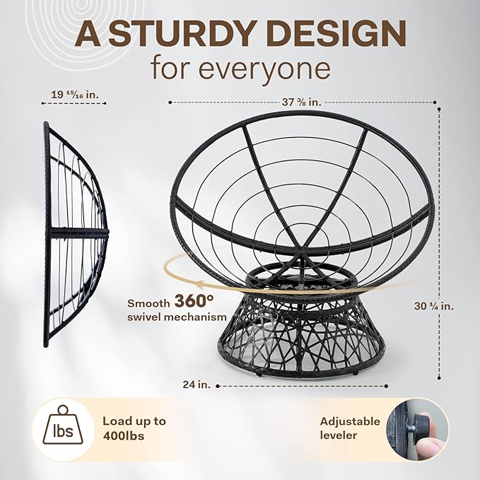 Bme 40" Ergonomic Wicker Papasan Chair with Soft Thick Density Fabric Cushion, High Capacity Steel Frame, 360 Degree Swivel for Living, Bedroom, Reading Room, Lounge, Onyx Stone - Black Base