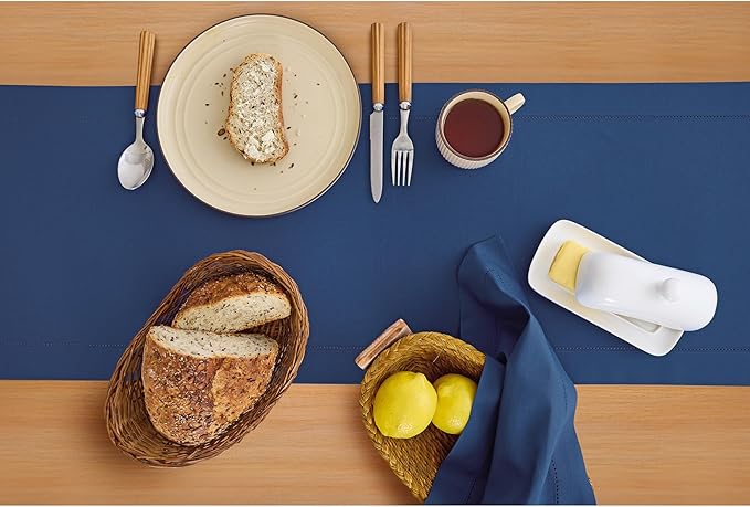 Solino Home Cotton Linen Table Runner 48 Inches - Lapis Blue Hemstitch Table Runner 14 x 48 Inch Ideal for Dresser and Coffee Tables - Fall, Autumn, Halloween