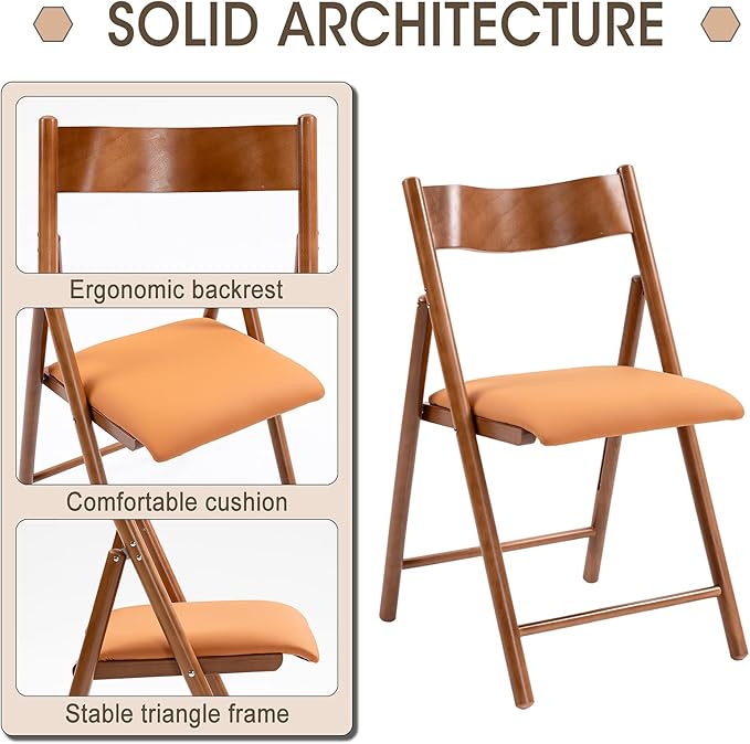 Folding Chairs Set of 2, Wooden Foldable Dining Chairs with Faux Leather Cushion 2-Pack Portable and Stackable Chairs for Dining Kitchen Office Wedding Picnic(Orange,2Pack)