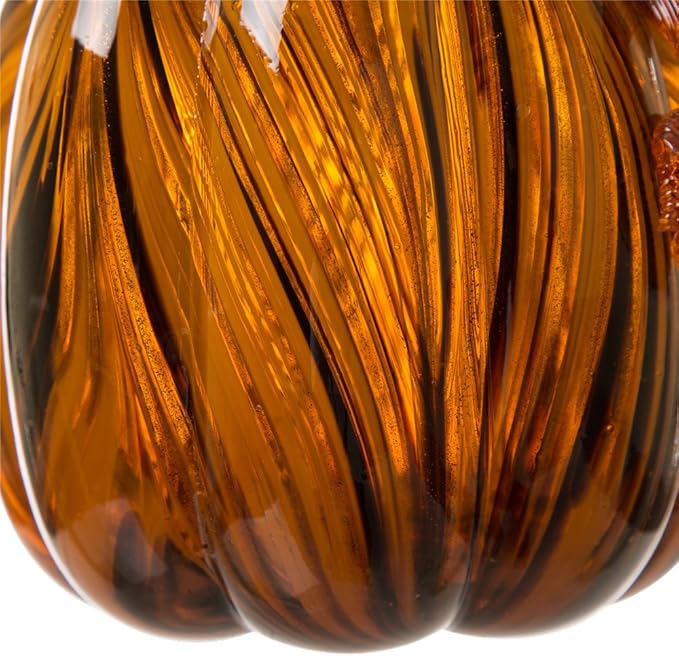 Glitzhome 4.33" Decorations Glass Pumpkin Amber Striped Pumpkin Thanksgiving Fall Harvest Ornaments