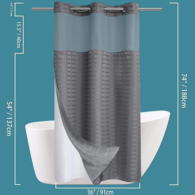 Conbo Mio Stall No Hook Shower Curtain with Snap in Liner Set, Hotel Luxury Grey Shower Curtains for Bathroom with See Through Top Window, Waterproof, Washable 36W x 74H