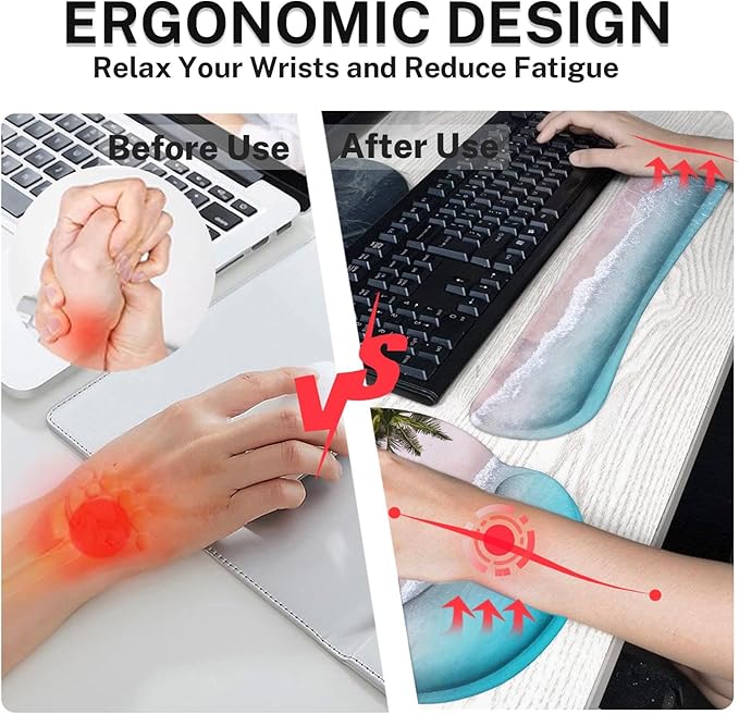 Britimes Blue Ocean Mouse Pad 3pcs Set with Wrist Support Non-Slip Rubber Base Ergonomic Pad,Summer Beach Mouse Wrist Cushion Support and Coasters for Home Office Gaming Easy Typing & Pain Relief