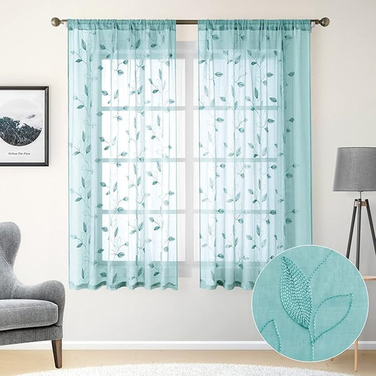 HOMEIDEAS Turquoise Aqua Sheer Curtains 52 X 63 Inches Length 2 Panels Embroidered Leaf Pattern Pocket Faux Linen Floral Teal Voile Window Drapes for Bedroom Living Room