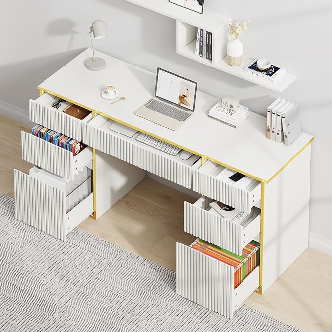 58 Inch White Desk with Drawers, Home Office Desk with 7 Drawers, Fluted Computer Desk with File Drawers for Study, White and Gold Executive Desk for Living Room, Bedroom