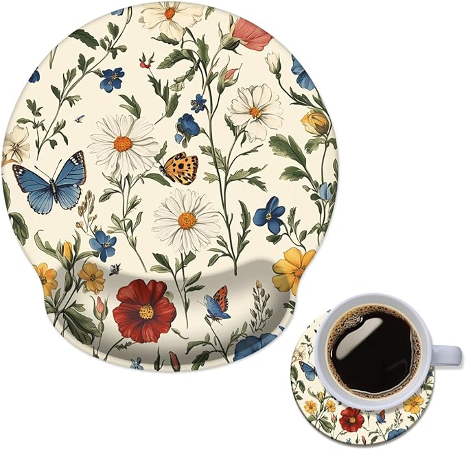 Mouse Pad with Wrist Support, Ergonomic Mouse Pad with Memory Foam Wrist Rest Cushion, Non-Slip Rubber Base Gaming Mice Pad for Home Office Computer Laptop,Floral Butterfly